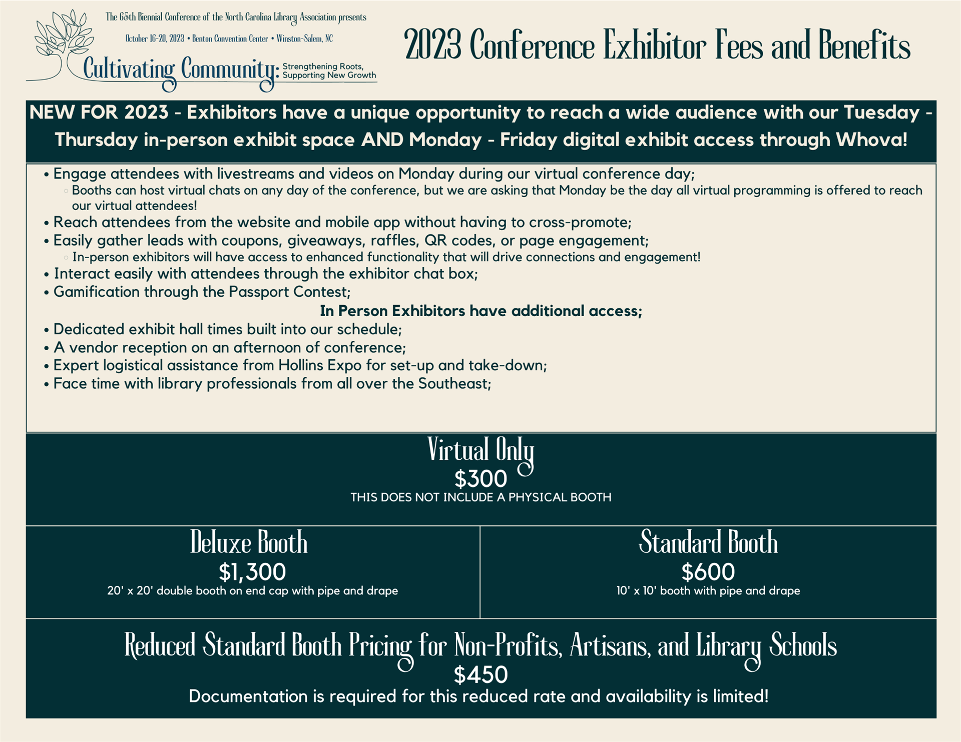 visual graphic of 2023 conference exhibitor fees and benefits